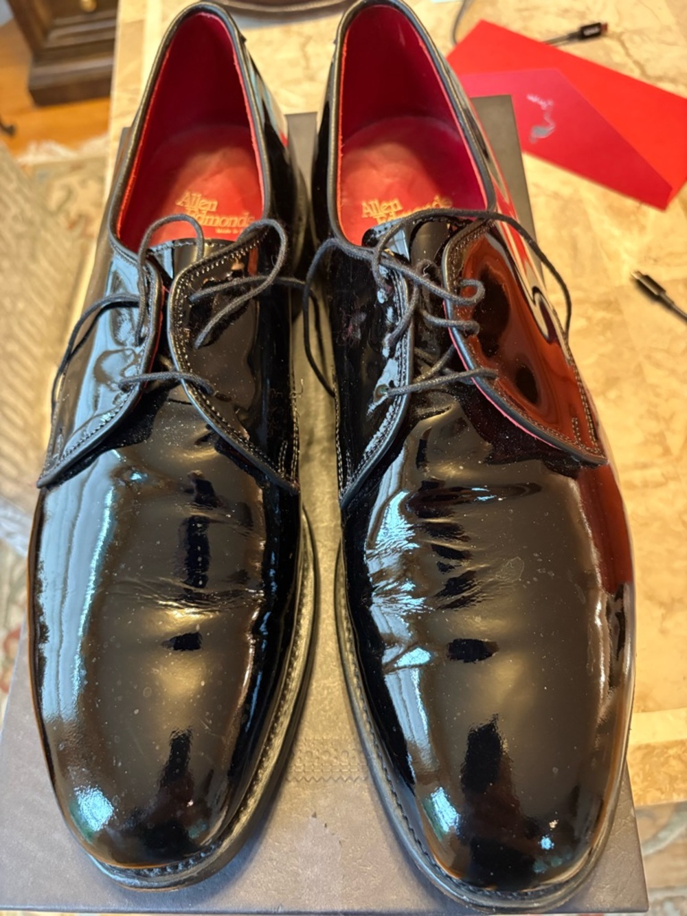 Allen Edmonds Black Patent Leather Dress Derbys with Red Lining